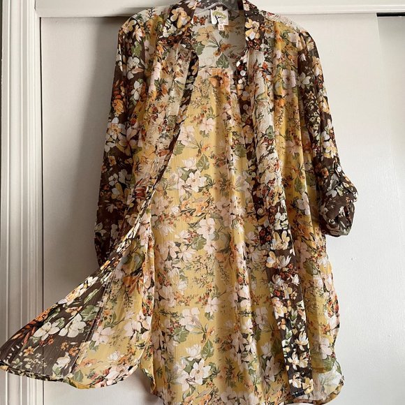 Anthro Fig & Flower Fall Floral Tab Sleeve Button Down Tunic Blouse S Semi Sheer - Picture 4 of 13